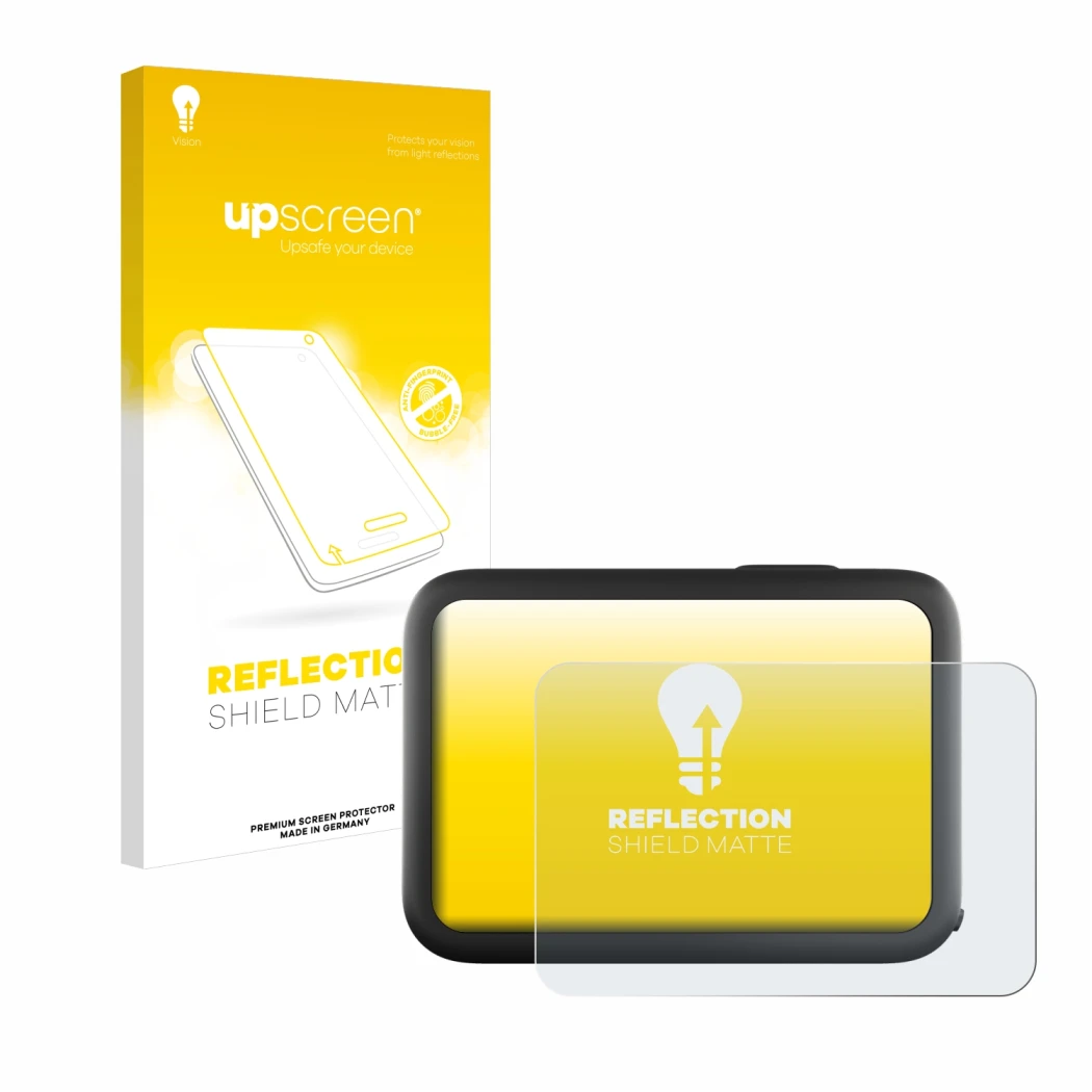 Parte frontale di una confezione del prodotto con il logo del marchio upscreen. Accanto è raffigurato il dispositivo GoPro Her