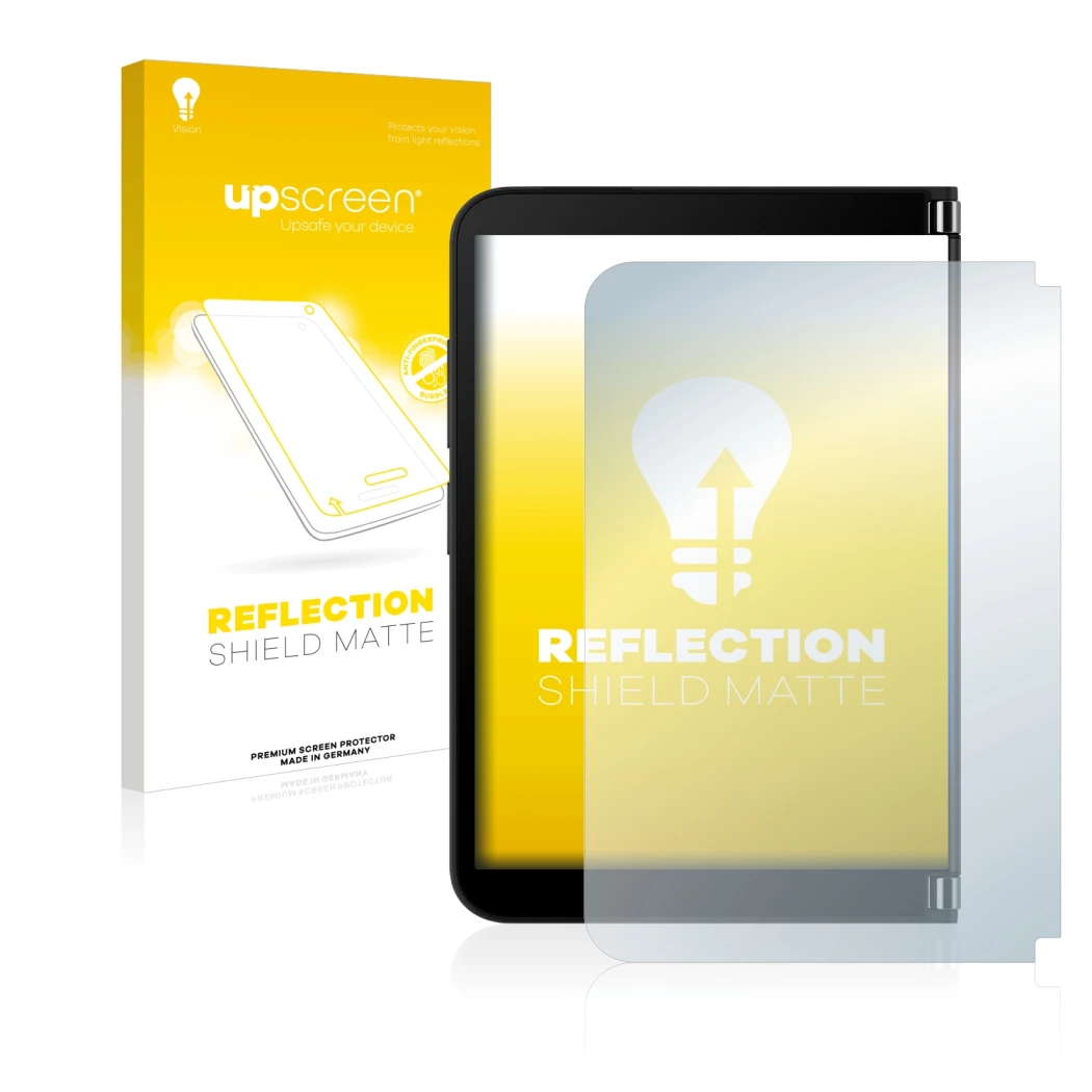 Parte frontale di una confezione del prodotto con il logo del marchio upscreen. Accanto è raffigurato il dispositivo Microsoft