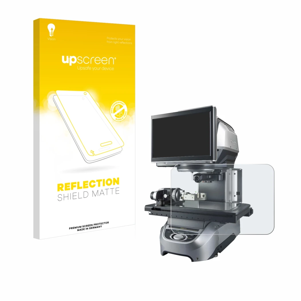 Parte frontale di una confezione del prodotto con il logo del marchio upscreen. Accanto è raffigurato il dispositivo Keyence I