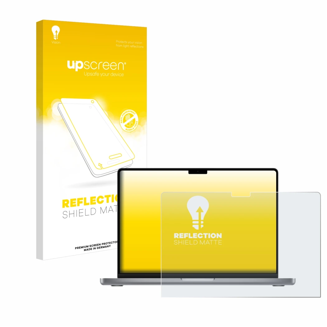 Parte frontale di una confezione del prodotto con il logo del marchio upscreen. Accanto è raffigurato il dispositivo Apple Mac