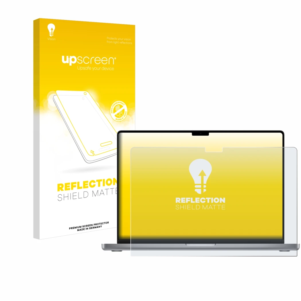 Parte frontale di una confezione del prodotto con il logo del marchio upscreen. Accanto è raffigurato il dispositivo Apple Mac