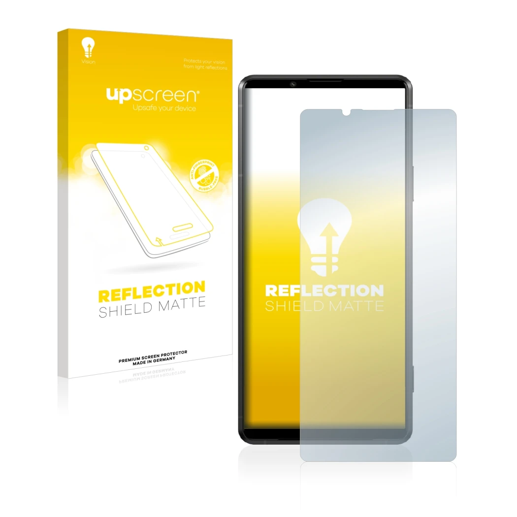 Parte frontale di una confezione del prodotto con il logo del marchio upscreen. Accanto è raffigurato il dispositivo Sony Xper