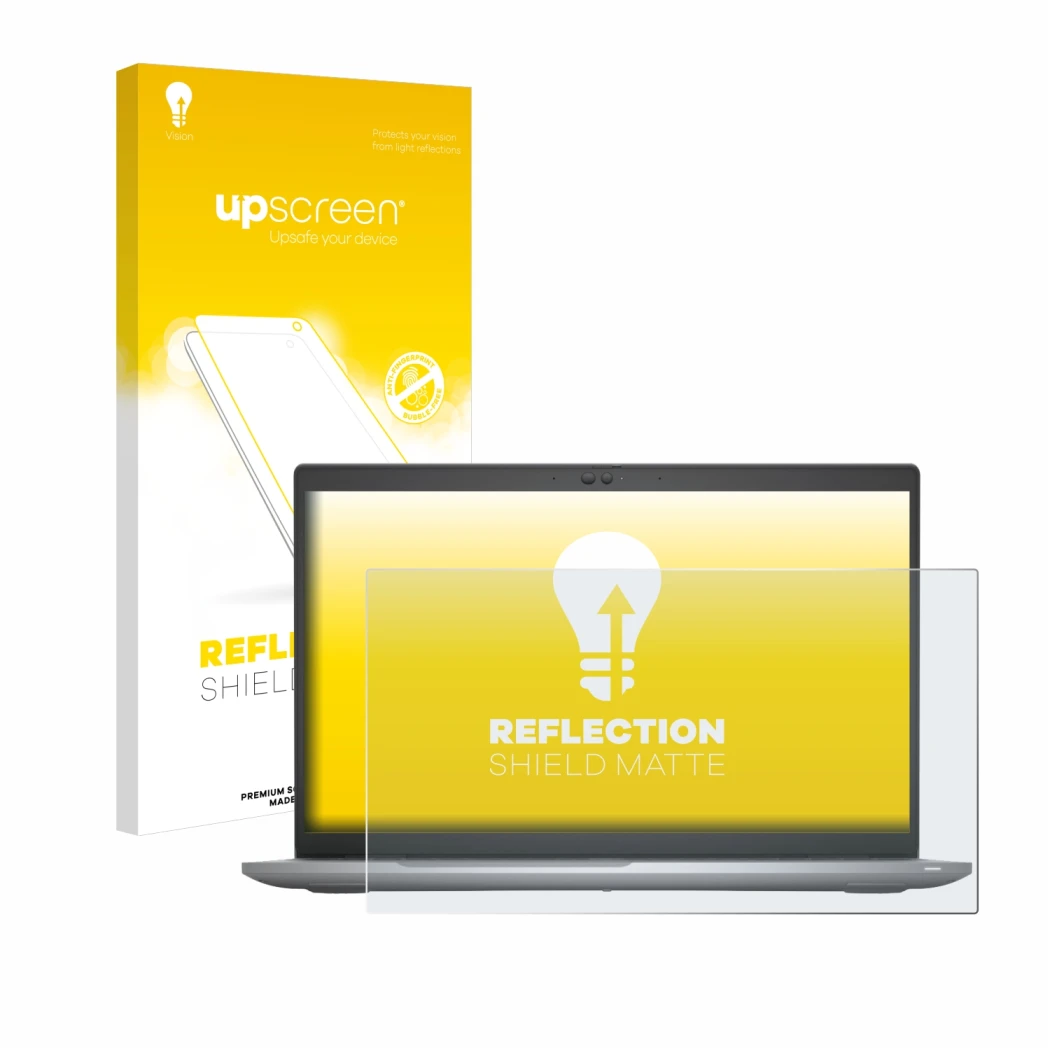 Parte frontale di una confezione del prodotto con il logo del marchio upscreen. Accanto è raffigurato il dispositivo Dell Lati