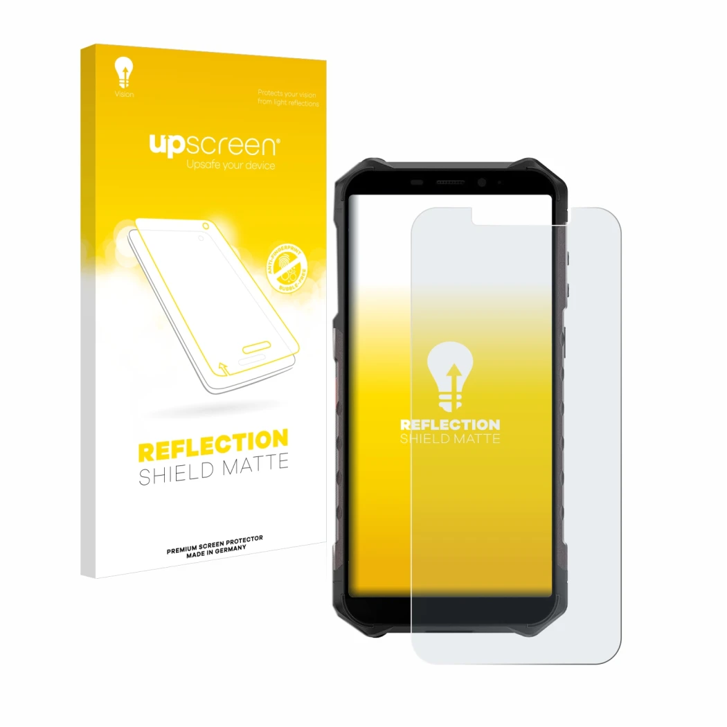Parte frontale di una confezione del prodotto con il logo del marchio upscreen. Accanto è raffigurato il dispositivo Ulefone A