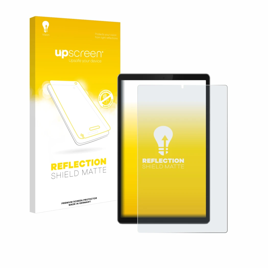 Parte frontale di una confezione del prodotto con il logo del marchio upscreen. Accanto è raffigurato il dispositivo Lenovo Ta