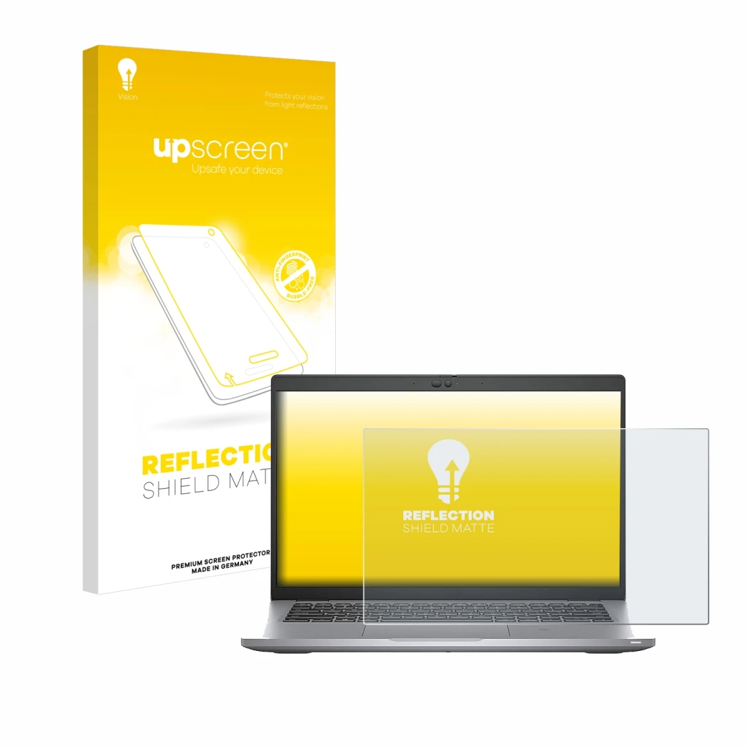 Parte frontale di una confezione del prodotto con il logo del marchio upscreen. Accanto è raffigurato il dispositivo Dell Lati