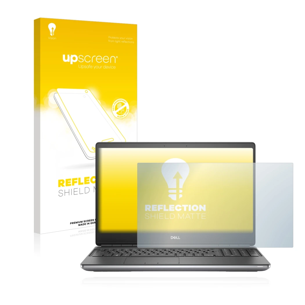 Parte frontale di una confezione del prodotto con il logo del marchio upscreen. Accanto è raffigurato il dispositivo Dell Prec