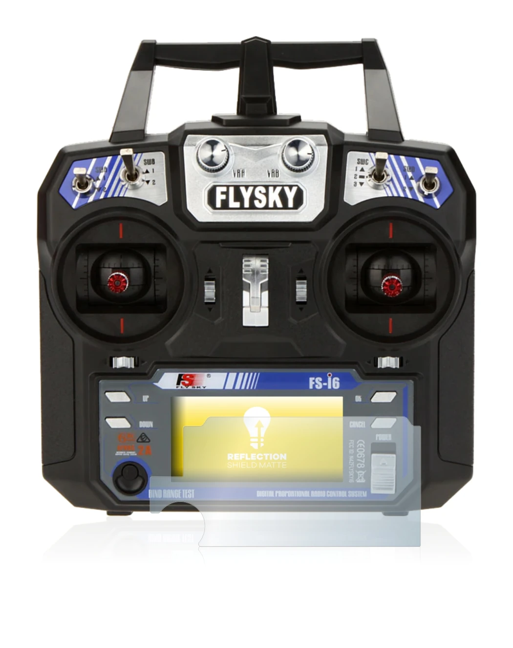Immagine del dispositivo FlySky FS-i6 con un'ampia varietà di protezioni per lo schermo.