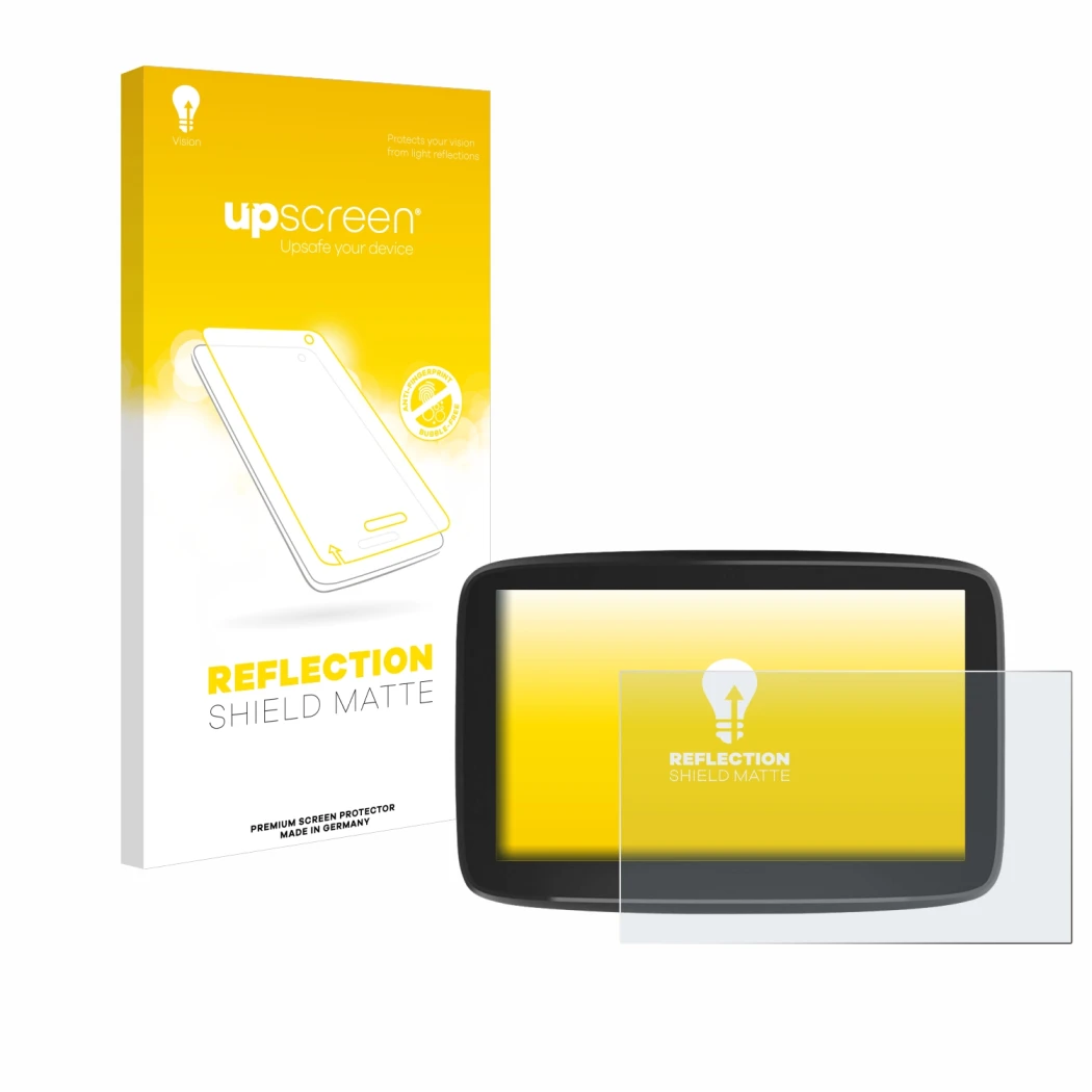 Parte frontale di una confezione del prodotto con il logo del marchio upscreen. Accanto è raffigurato il dispositivo TomTom GO