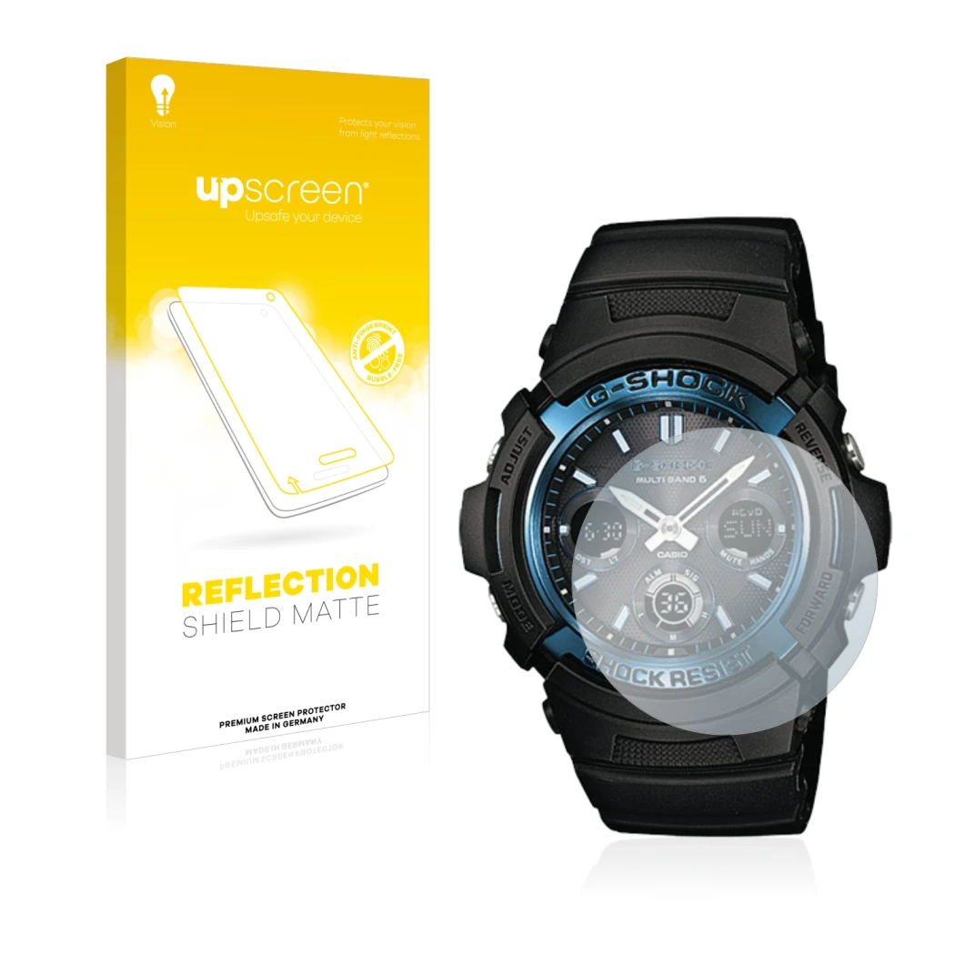 Parte frontale di una confezione del prodotto con il logo del marchio upscreen. Accanto è raffigurato il dispositivo Casio AWG