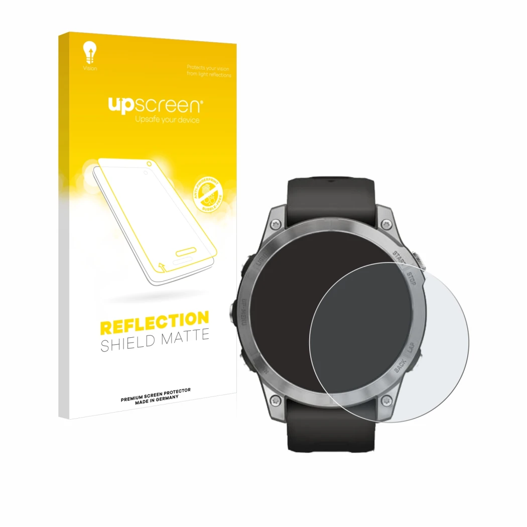 Parte frontale di una confezione del prodotto con il logo del marchio upscreen. Accanto è raffigurato il dispositivo Garmin Fe