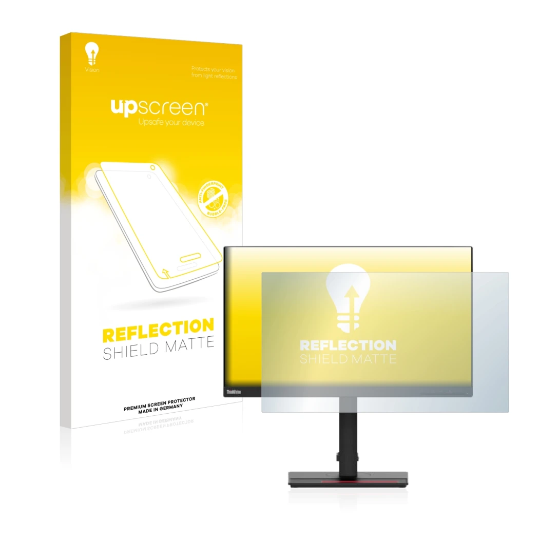 Parte frontale di una confezione del prodotto con il logo del marchio upscreen. Accanto è raffigurato il dispositivo Lenovo Th