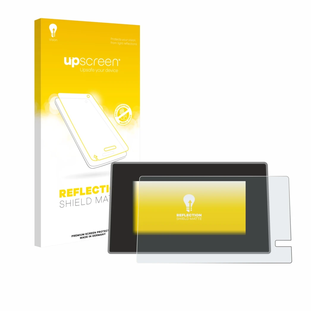 Parte frontale di una confezione del prodotto con il logo del marchio upscreen. Accanto è raffigurato il dispositivo Renault T