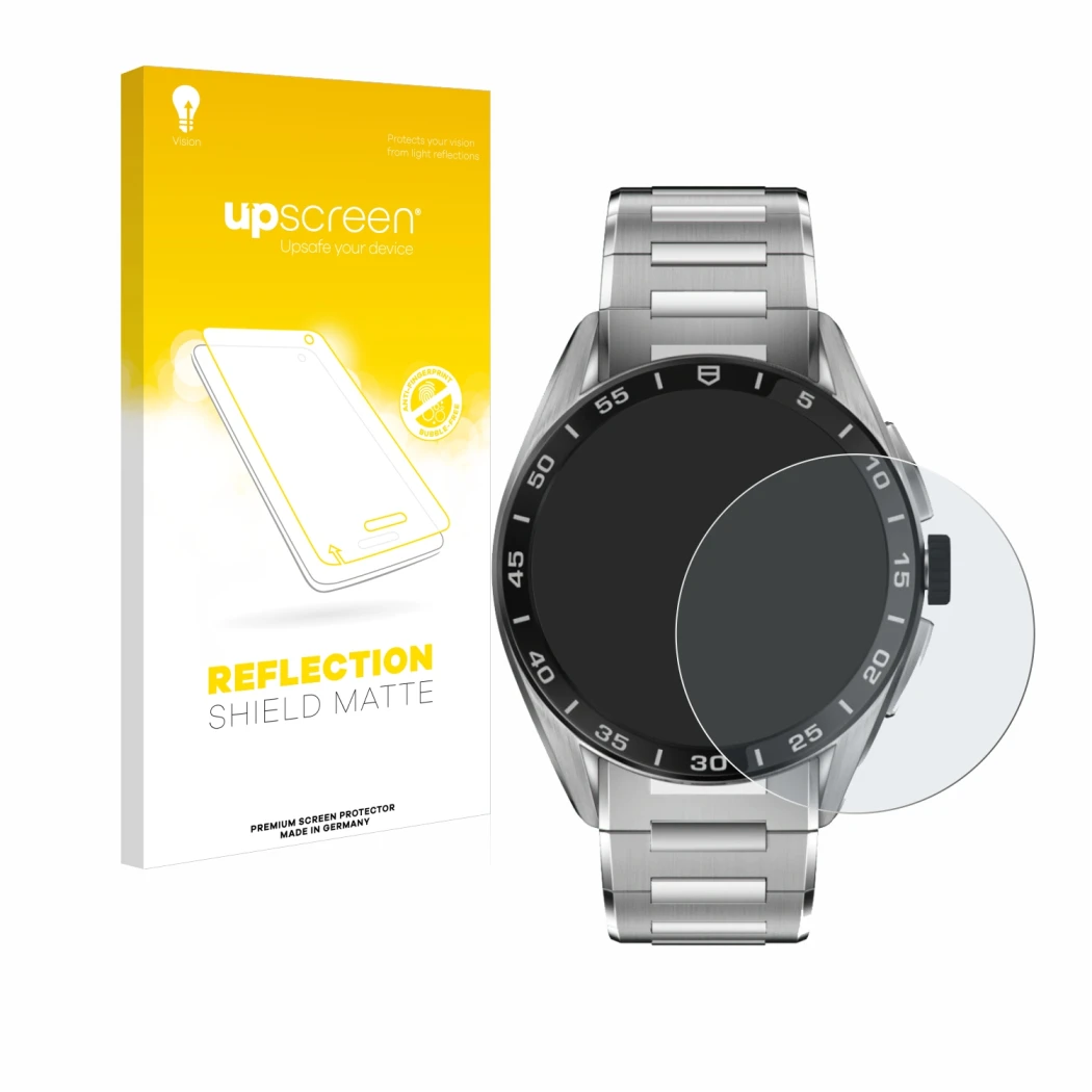 Parte frontale di una confezione del prodotto con il logo del marchio upscreen. Accanto è raffigurato il dispositivo TAG Heuer