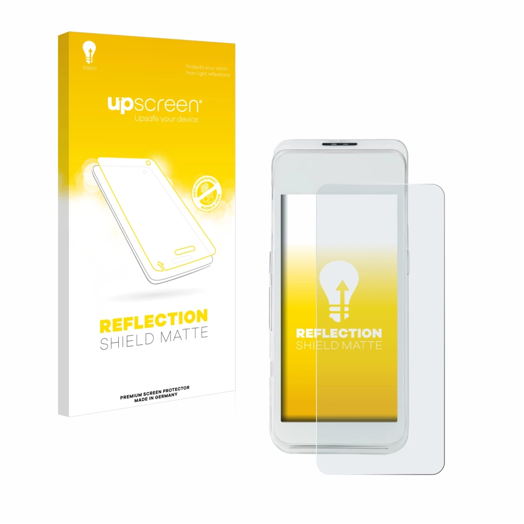 Parte frontale di una confezione del prodotto con il logo del marchio upscreen. Accanto è raffigurato il dispositivo Pax A920 