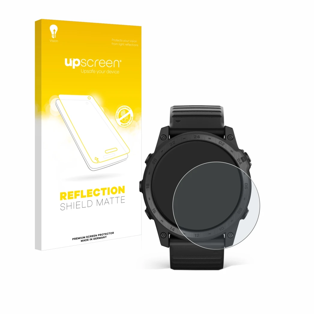 Parte frontale di una confezione del prodotto con il logo del marchio upscreen. Accanto è raffigurato il dispositivo Garmin Ta