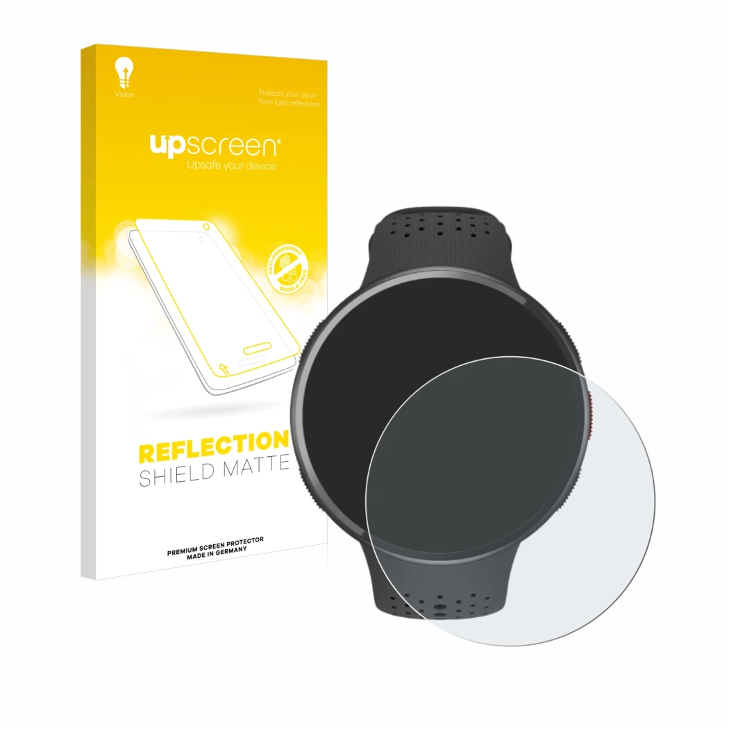 Parte frontale di una confezione del prodotto con il logo del marchio upscreen. Accanto è raffigurato il dispositivo Polar Pac