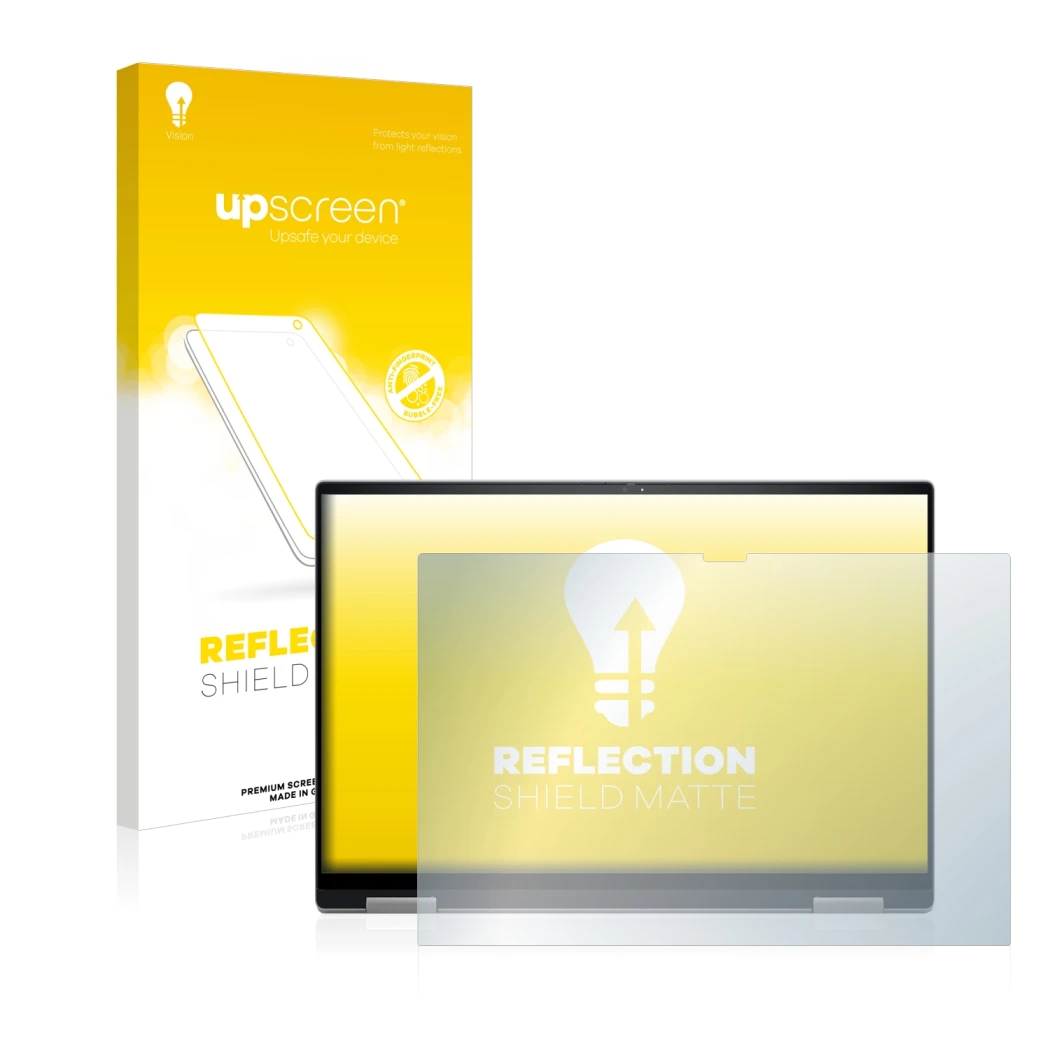 Parte frontale di una confezione del prodotto con il logo del marchio upscreen. Accanto è raffigurato il dispositivo Dell Insp