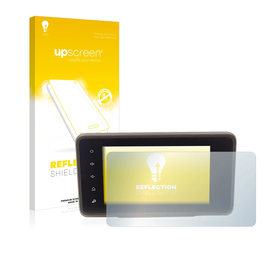 Parte frontale di una confezione del prodotto con il logo del marchio upscreen. Accanto è raffigurato il dispositivo Dacia Dus