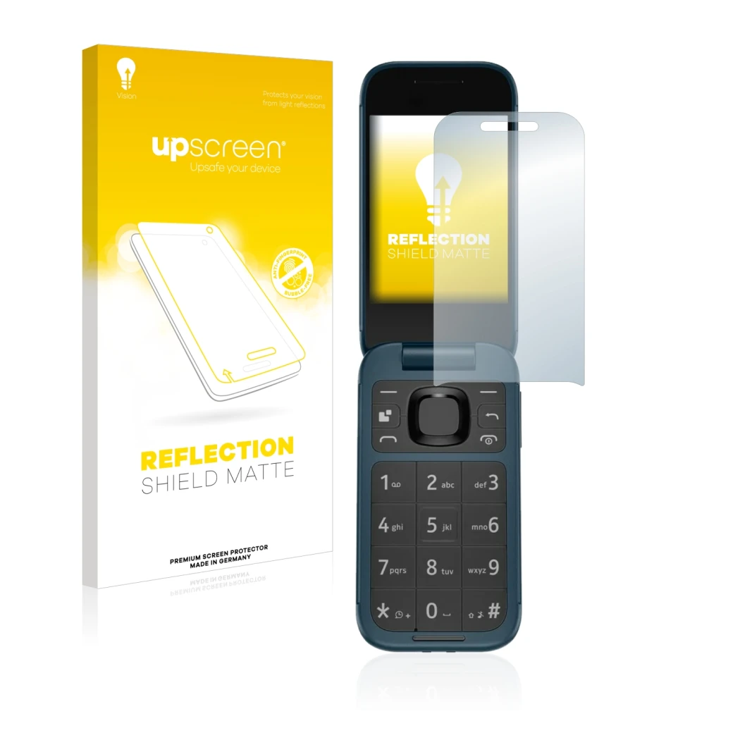 Parte frontale di una confezione del prodotto con il logo del marchio upscreen. Accanto è raffigurato il dispositivo Nokia 266