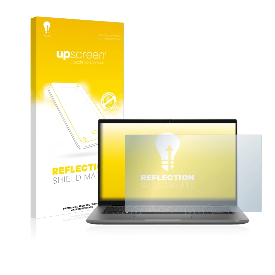 Parte frontale di una confezione del prodotto con il logo del marchio upscreen. Accanto è raffigurato il dispositivo Dell Lati