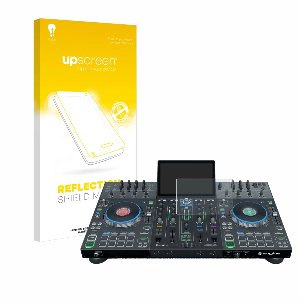 Parte frontale di una confezione del prodotto con il logo del marchio upscreen. Accanto è raffigurato il dispositivo Denon DJ