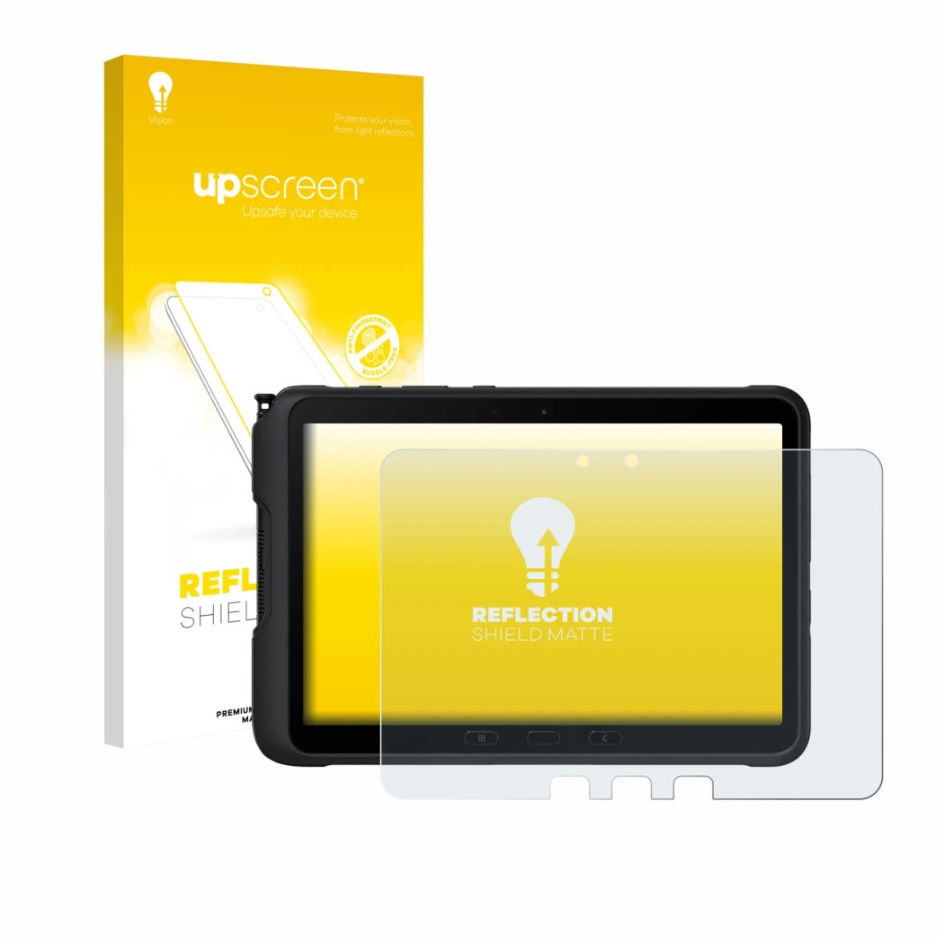 Parte frontale di una confezione del prodotto con il logo del marchio upscreen. Accanto è raffigurato il dispositivo Samsung G