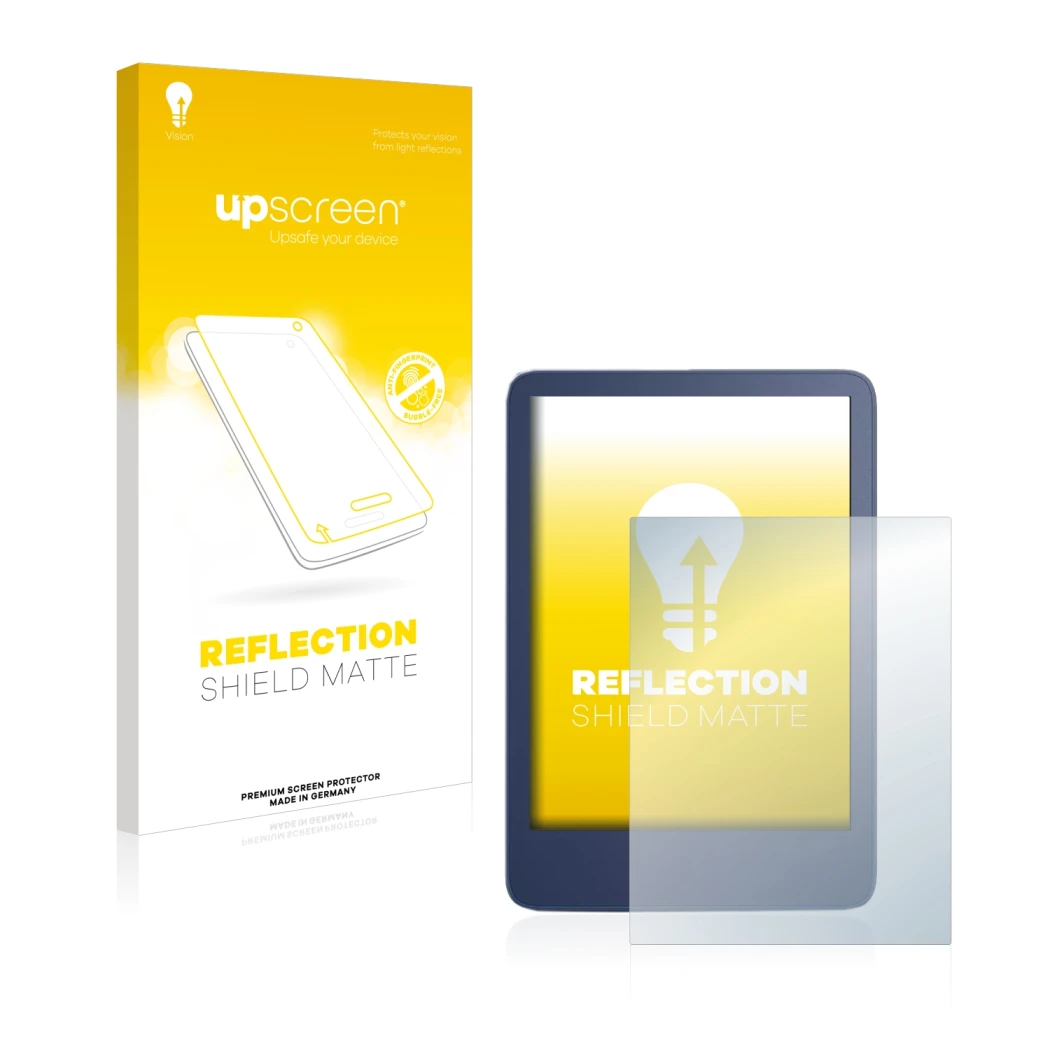 Parte frontale di una confezione del prodotto con il logo del marchio upscreen. Accanto è raffigurato il dispositivo Amazon Ki