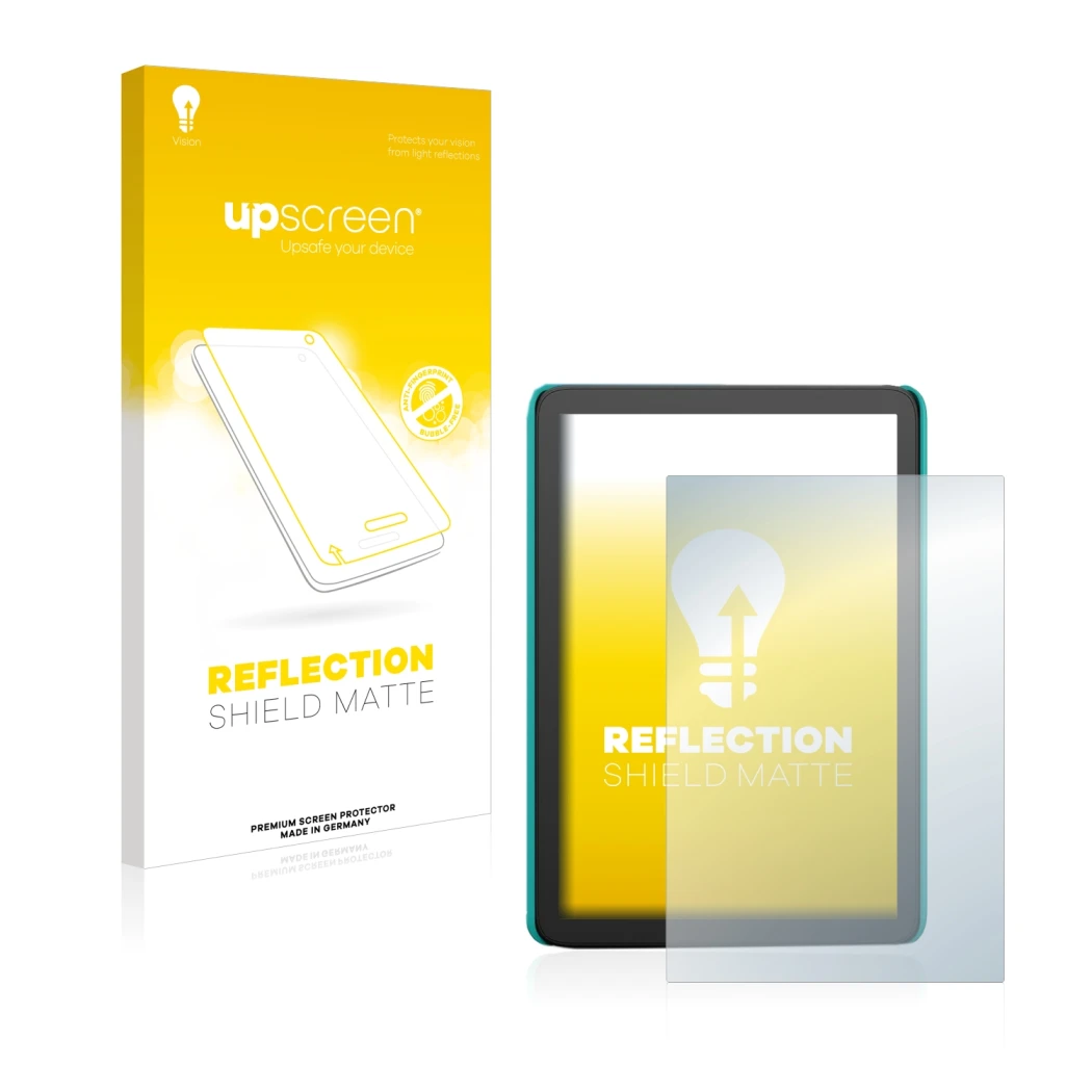 Parte frontale di una confezione del prodotto con il logo del marchio upscreen. Accanto è raffigurato il dispositivo Amazon Ki