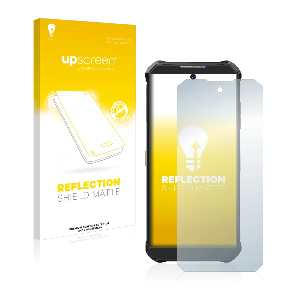 Parte frontale di una confezione del prodotto con il logo del marchio upscreen. Accanto è raffigurato il dispositivo Oukitel W