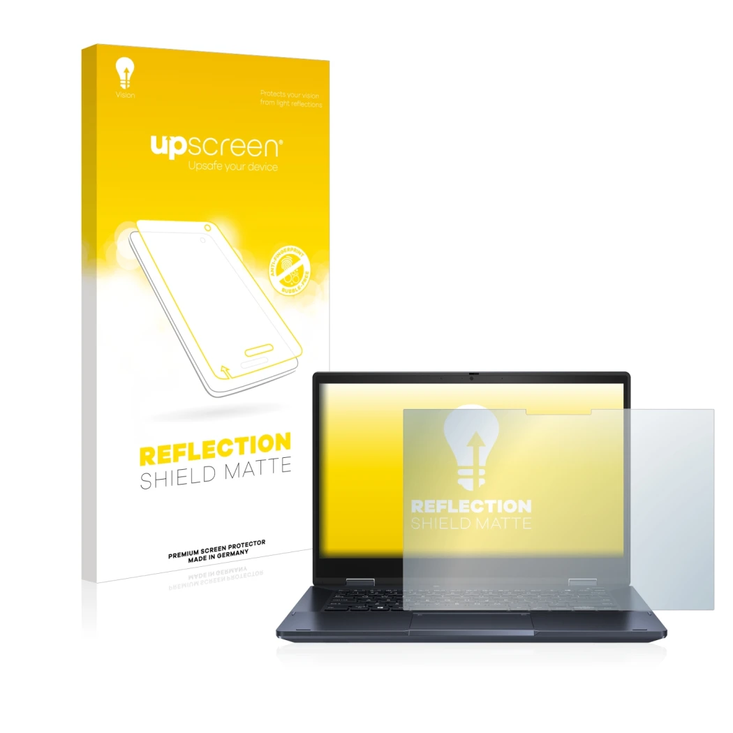 Parte frontale di una confezione del prodotto con il logo del marchio upscreen. Accanto è raffigurato il dispositivo ASUS Expe