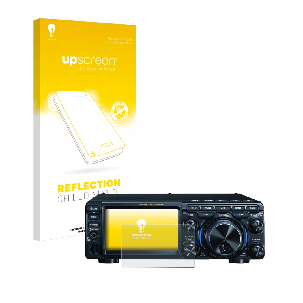 Parte frontale di una confezione del prodotto con il logo del marchio upscreen. Accanto è raffigurato il dispositivo Yaesu FT-