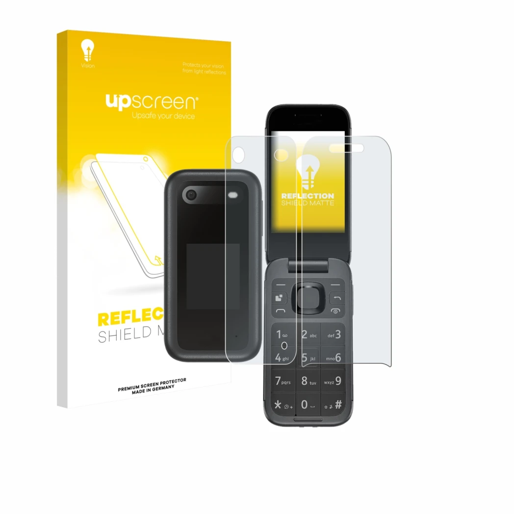 Parte frontale di una confezione del prodotto con il logo del marchio upscreen. Accanto è raffigurato il dispositivo Nokia 266