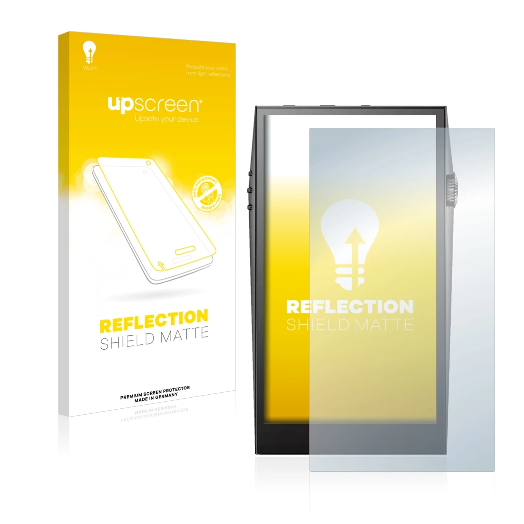 Parte frontale di una confezione del prodotto con il logo del marchio upscreen. Accanto è raffigurato il dispositivo Astell&Ke