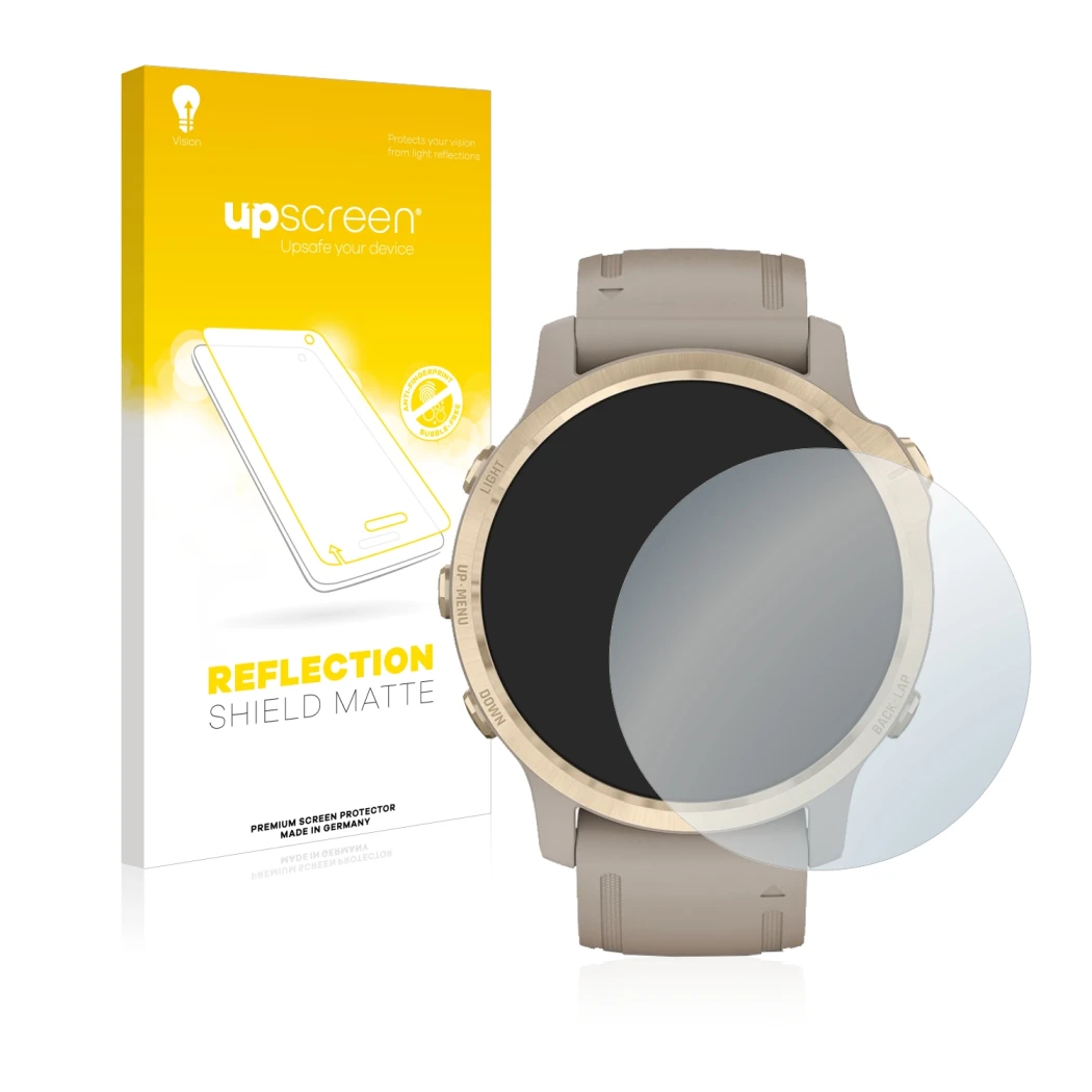 Parte frontale di una confezione del prodotto con il logo del marchio upscreen. Accanto è raffigurato il dispositivo Garmin Fe