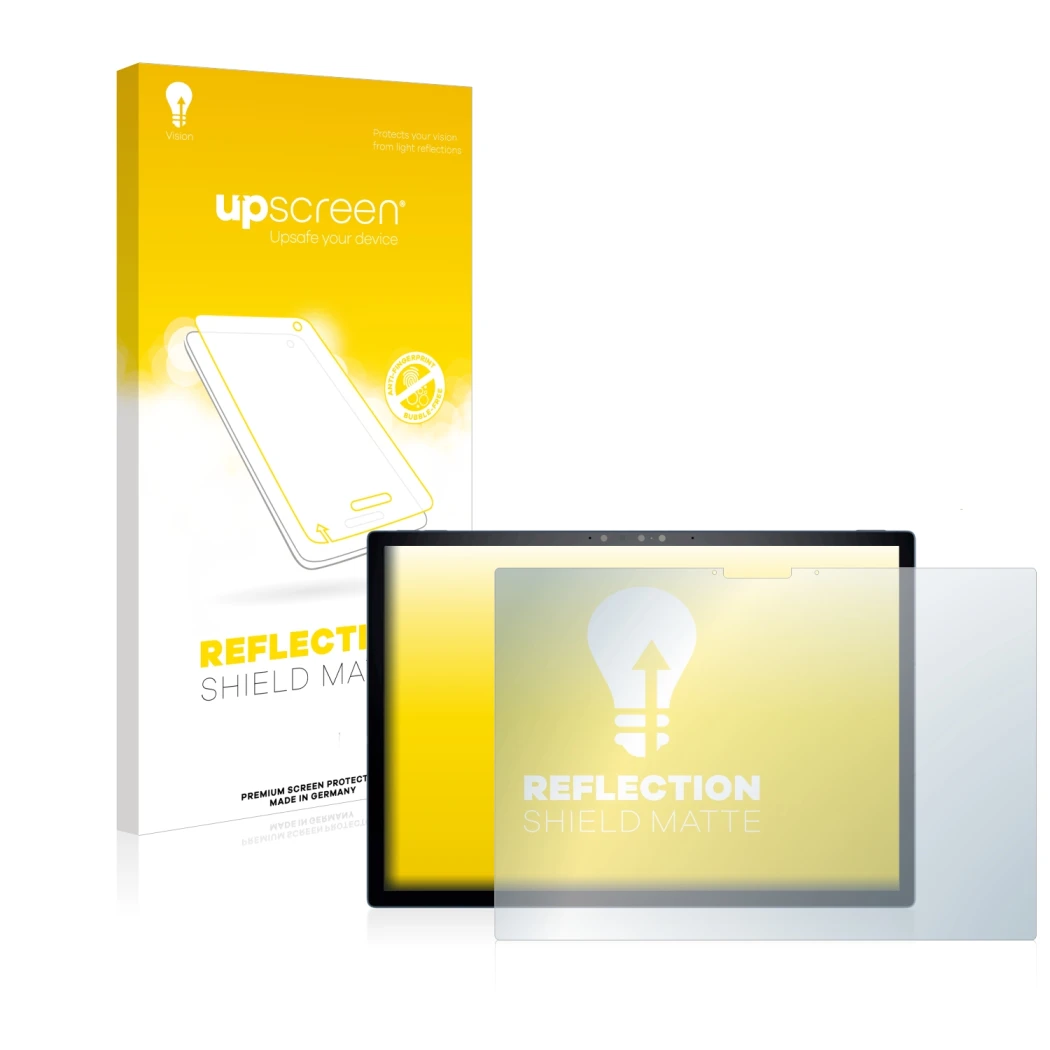 Parte frontale di una confezione del prodotto con il logo del marchio upscreen. Accanto è raffigurato il dispositivo Dell XPS