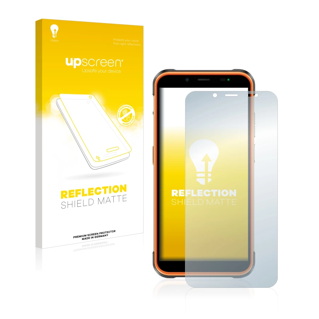 Parte frontale di una confezione del prodotto con il logo del marchio upscreen. Accanto è raffigurato il dispositivo Ulefone P