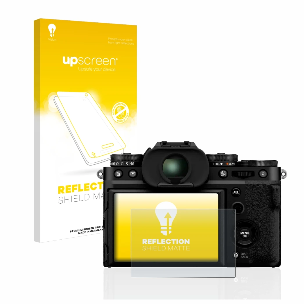 Parte frontale di una confezione del prodotto con il logo del marchio upscreen. Accanto è raffigurato il dispositivo Fujifilm 