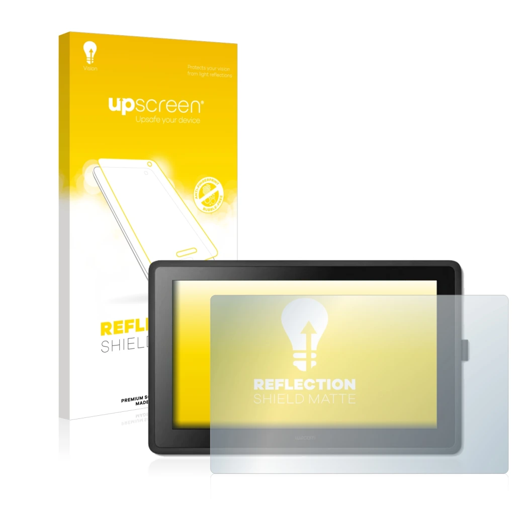 Parte frontale di una confezione del prodotto con il logo del marchio upscreen. Accanto è raffigurato il dispositivo Wacom Cin