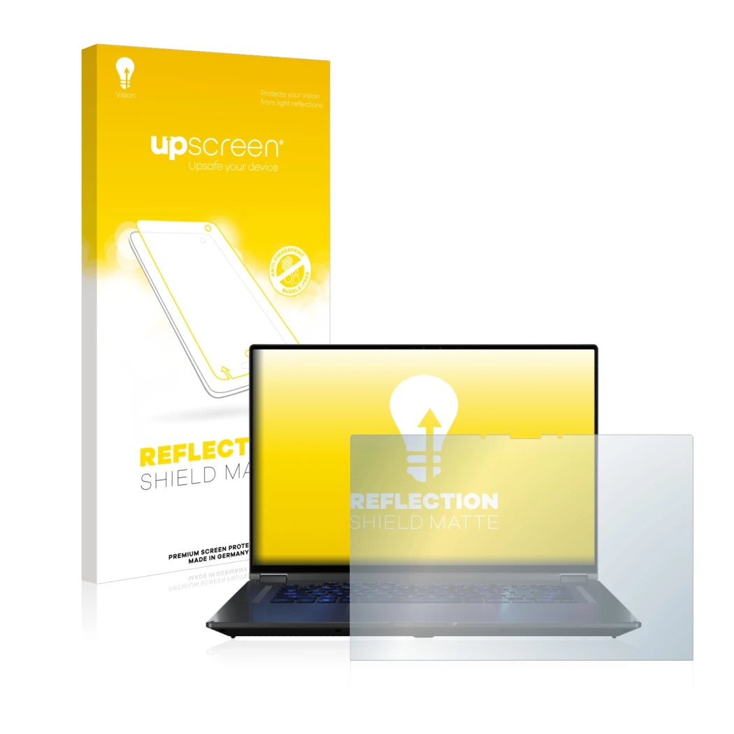 Parte frontale di una confezione del prodotto con il logo del marchio upscreen. Accanto è raffigurato il dispositivo ASUS ROG 