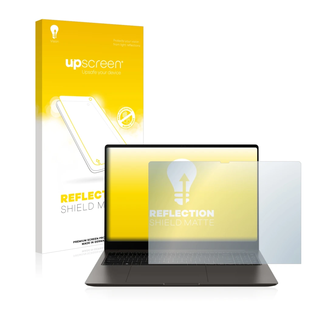 Parte frontale di una confezione del prodotto con il logo del marchio upscreen. Accanto è raffigurato il dispositivo Samsung G