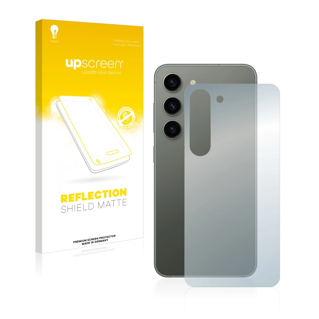 Parte frontale di una confezione del prodotto con il logo del marchio upscreen. Accanto è raffigurato il dispositivo Samsung G