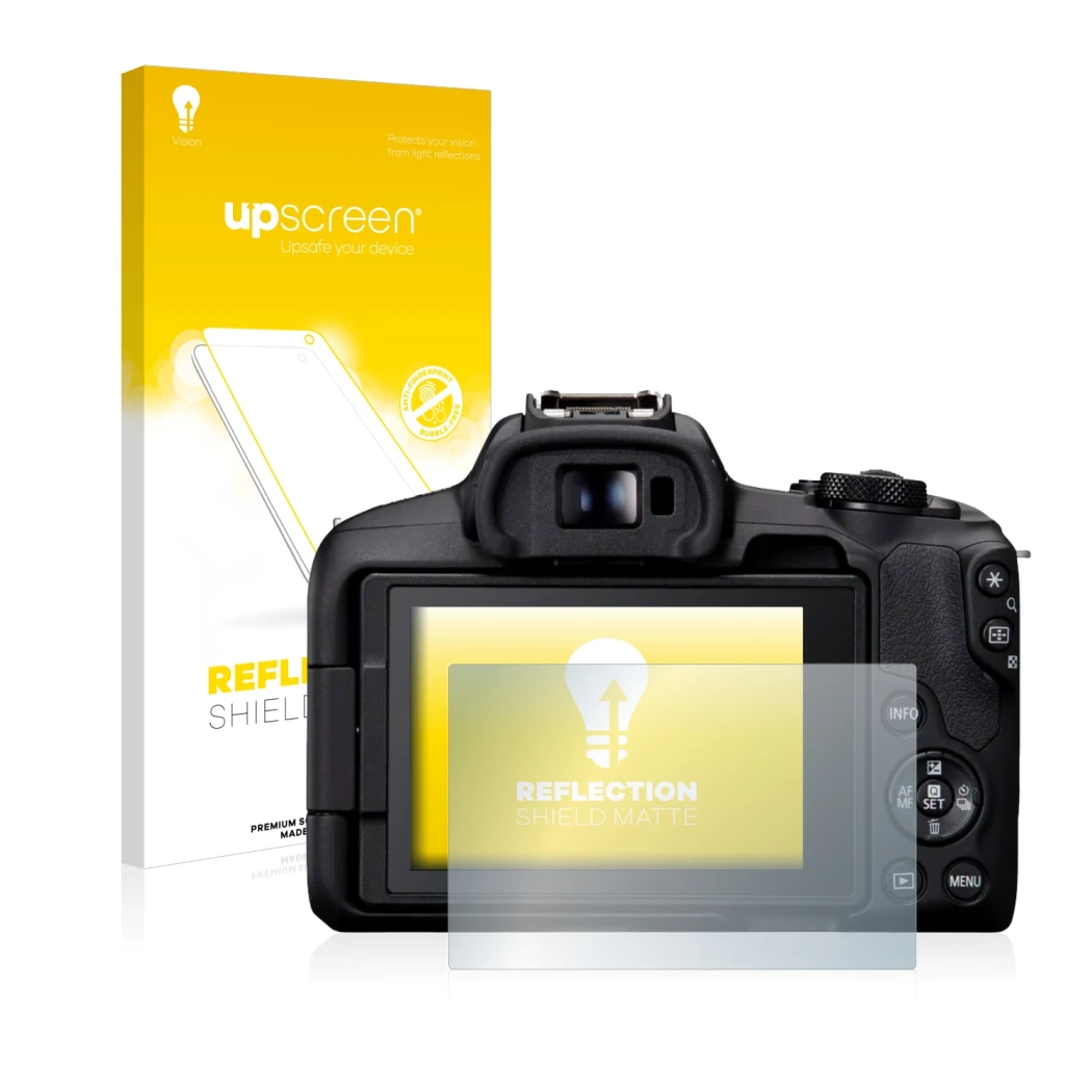 Parte frontale di una confezione del prodotto con il logo del marchio upscreen. Accanto è raffigurato il dispositivo Canon EOS