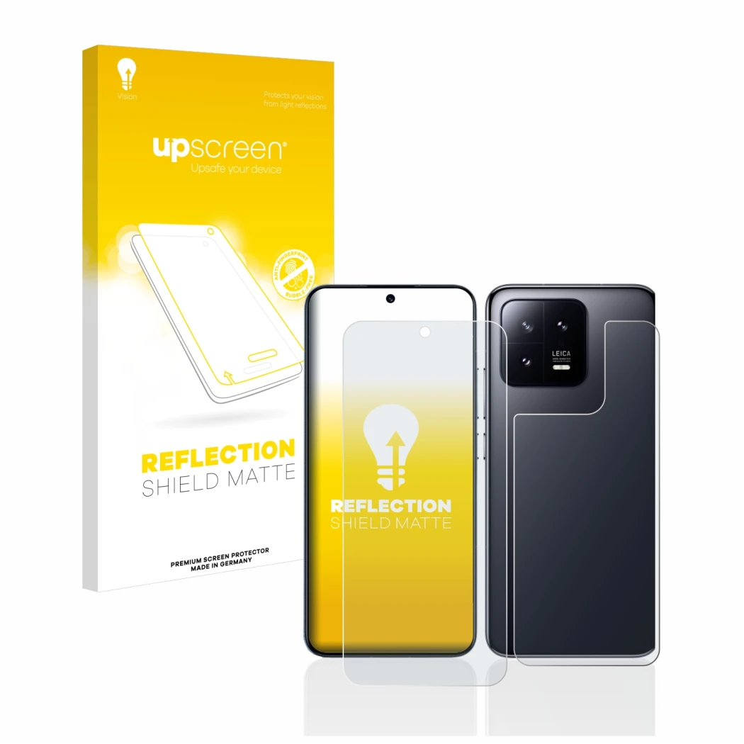 Parte frontale di una confezione del prodotto con il logo del marchio upscreen. Accanto è raffigurato il dispositivo Xiaomi 13