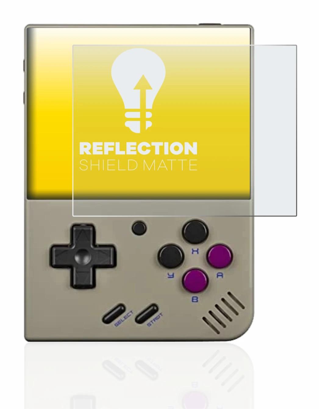 Immagine del dispositivo Miyoo Mini Plus con un'ampia varietà di protezioni per lo schermo.