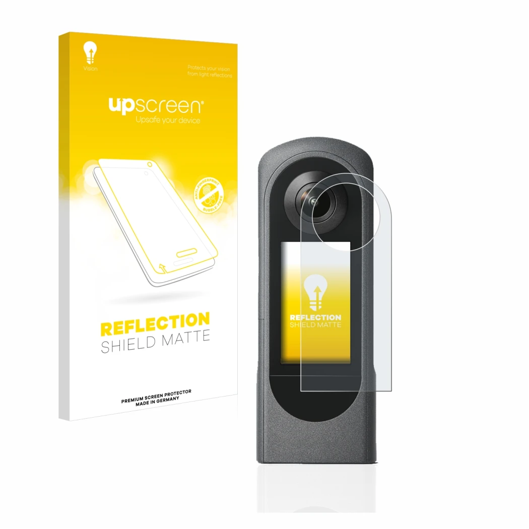 Parte frontale di una confezione del prodotto con il logo del marchio upscreen. Accanto è raffigurato il dispositivo Ricoh The