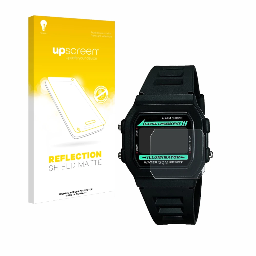 Parte frontale di una confezione del prodotto con il logo del marchio upscreen. Accanto è raffigurato il dispositivo Casio W-8