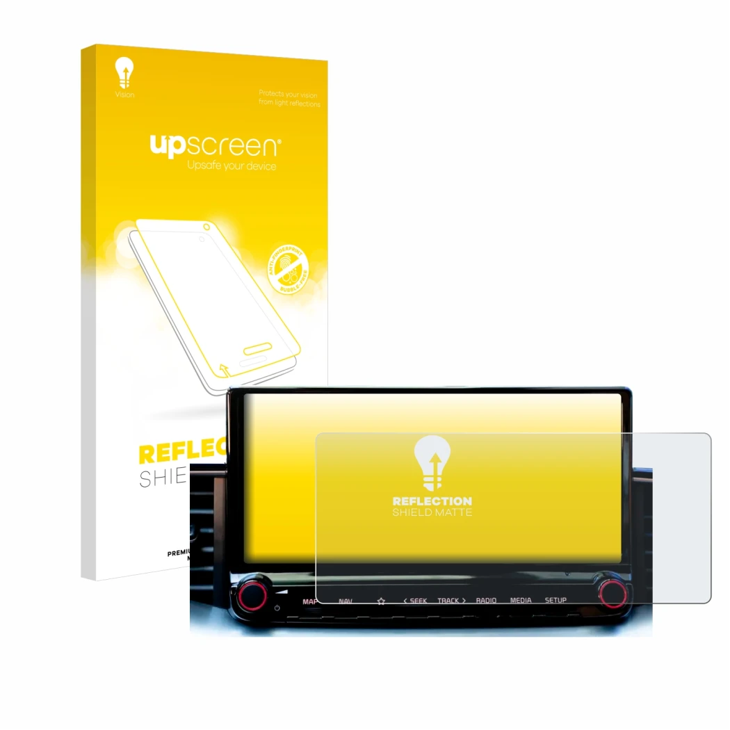Parte frontale di una confezione del prodotto con il logo del marchio upscreen. Accanto è raffigurato il dispositivo Kia Xceed