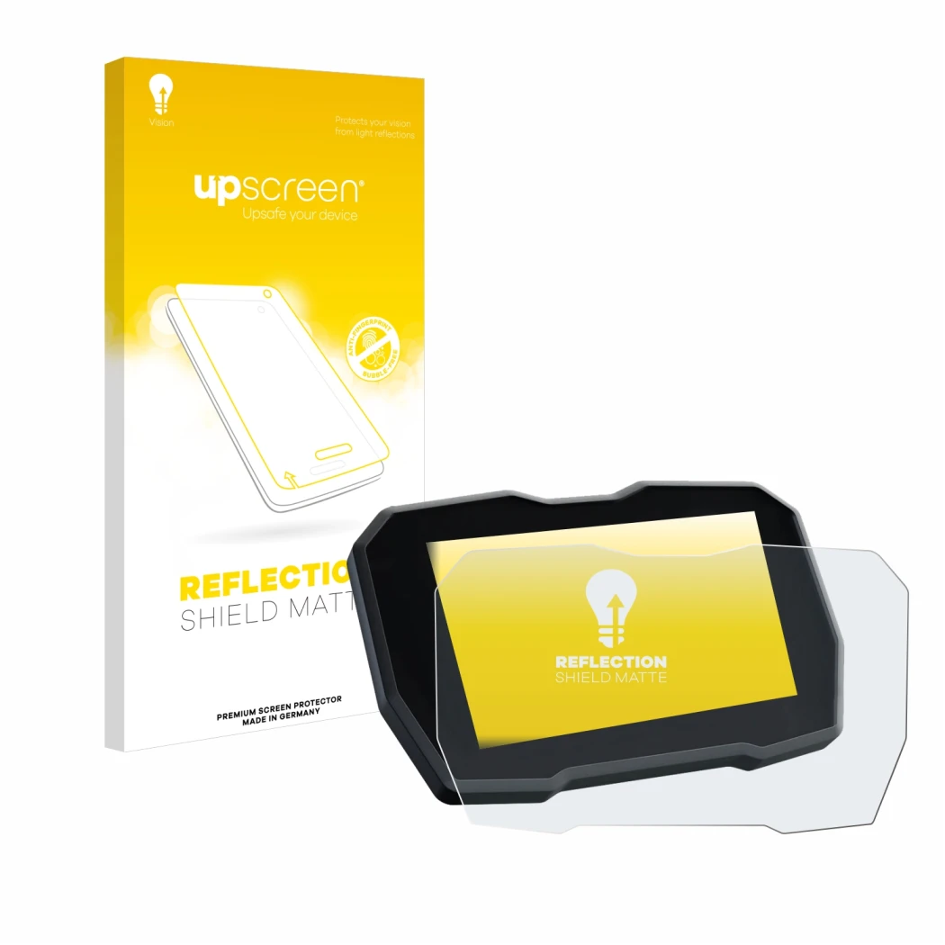 Parte frontale di una confezione del prodotto con il logo del marchio upscreen. Accanto è raffigurato il dispositivo Ducati Mu