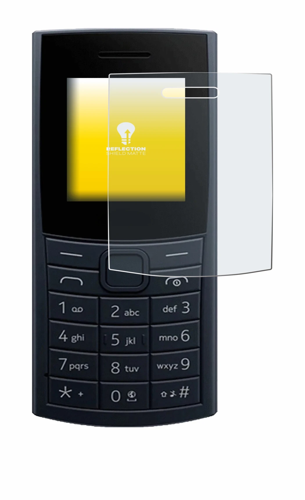 Immagine del dispositivo Nokia 110 4G (2023) con un'ampia varietà di protezioni per lo schermo.